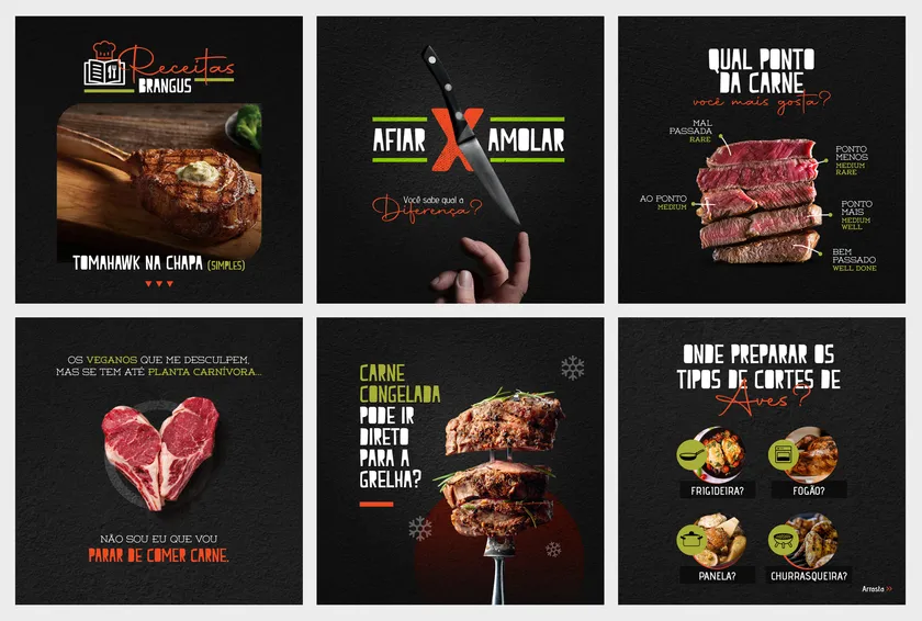 Seis posts da Brangus sobre fundo preto: tomahawk na chapa, afiar ou amolar a faca, pontos da carne e cortes de aves