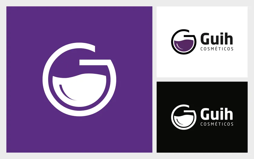 Logo da Guih Cosméticos: o G em forma de frasco, branco sobre roxo, com as versões horizontais