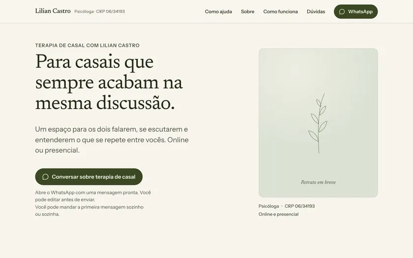 Primeira tela do site de Lilian Castro, psicóloga