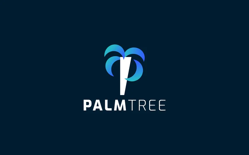 Logo da Palmtree, uma palmeira com folhas em degradê azul e o tronco em forma de P, sobre azul-marinho