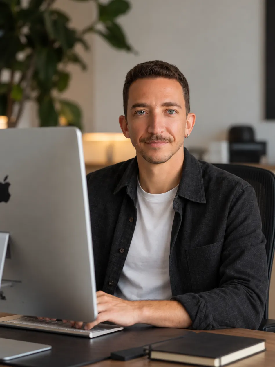Bruno Cimini sentado à mesa de trabalho, com camisa escura sobre camiseta branca, a mão no teclado de um iMac prateado e o olhar para a câmera. Atrás, uma planta grande e uma parede clara; na mesa de madeira, um caderno preto